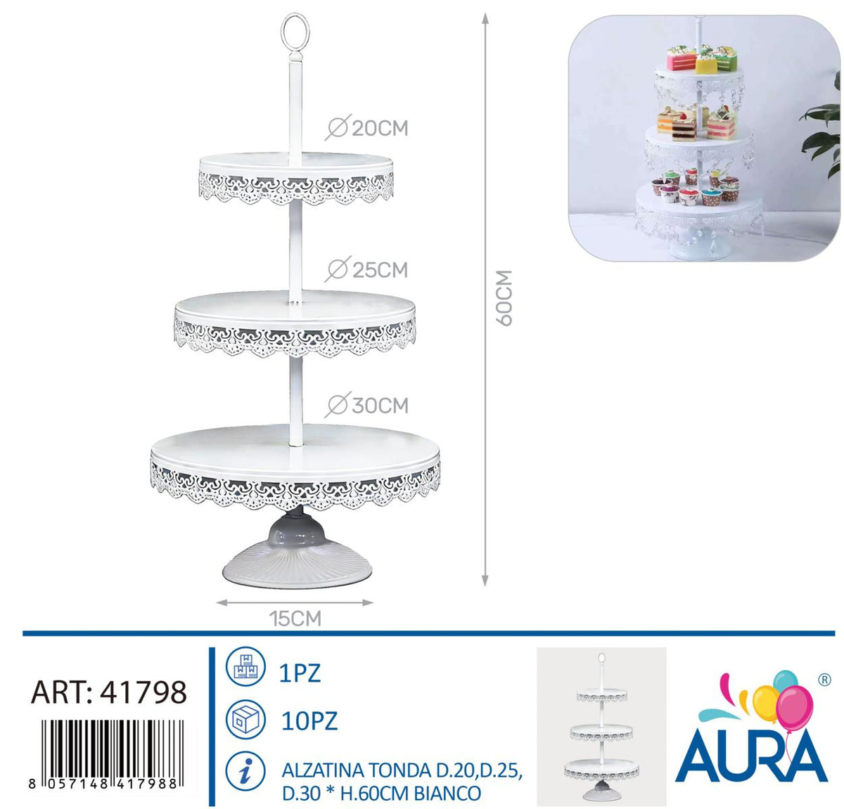 Alzatina tonda a 3 piani altezza 60cm bianca