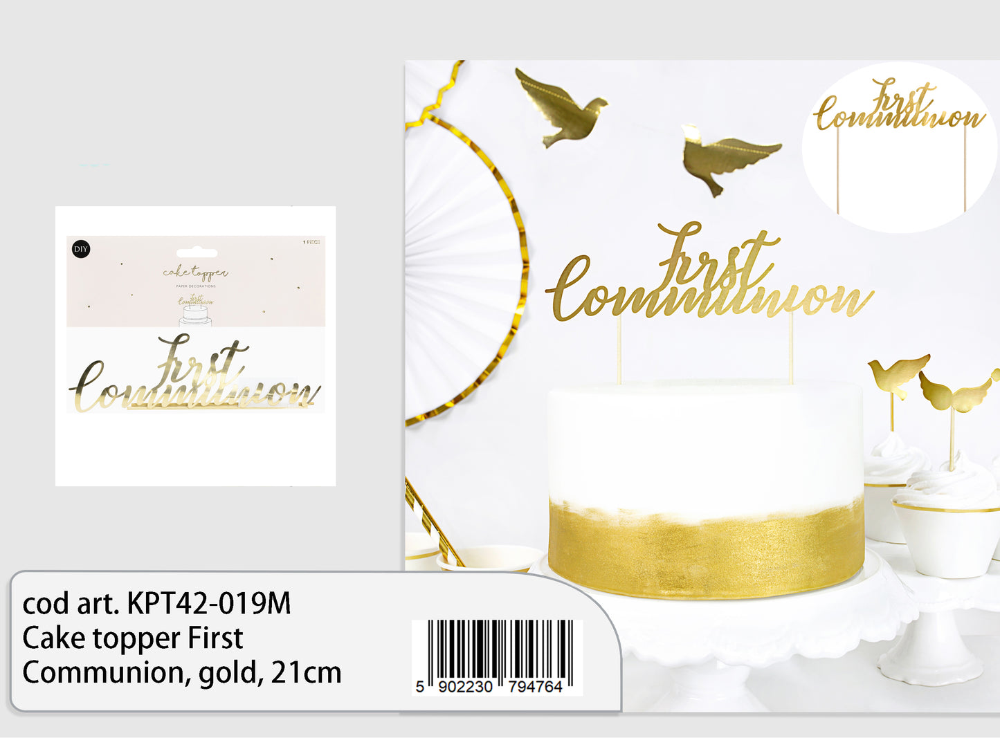 Cake topper in carta First Communion gold 21cm