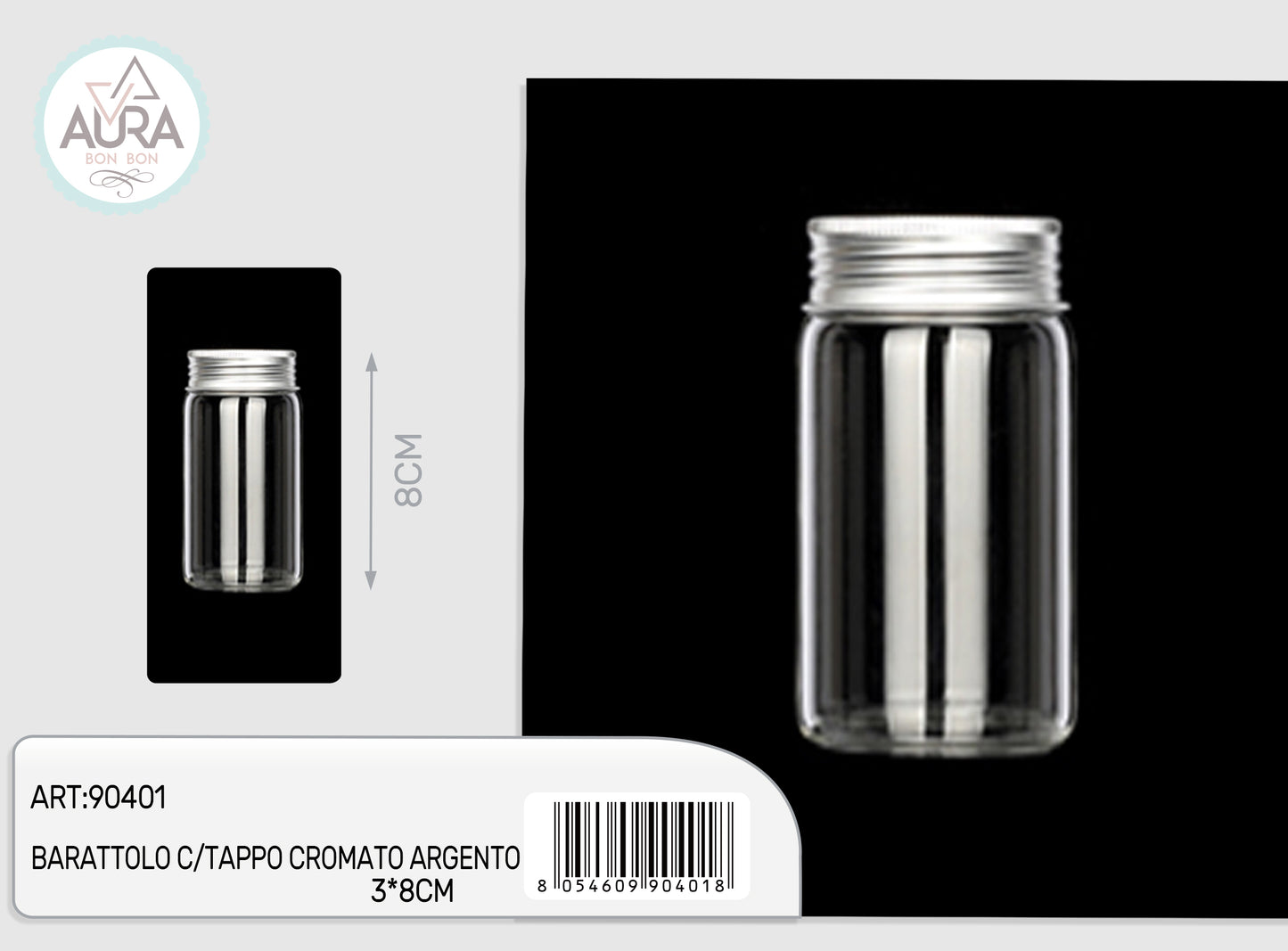 barattolo in vetro con tappo cromato argento 3x8cm