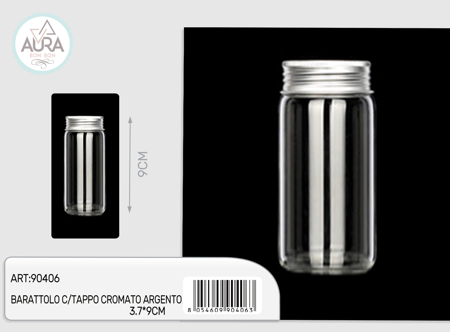 barattolo in vetro con tappo cromato argento 3x9cm