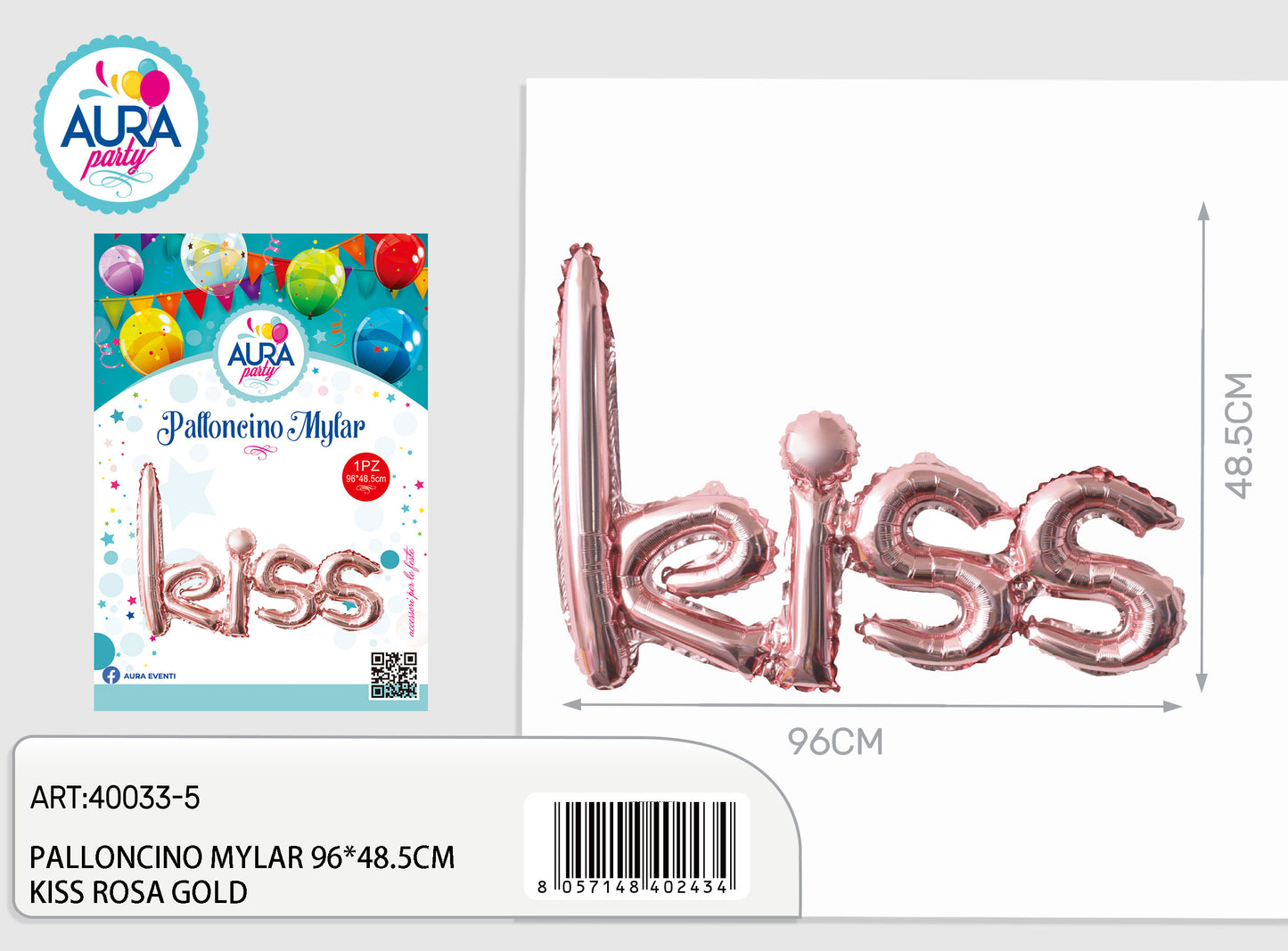 palloncini mylar kiss 96x48,5cm rosa gold