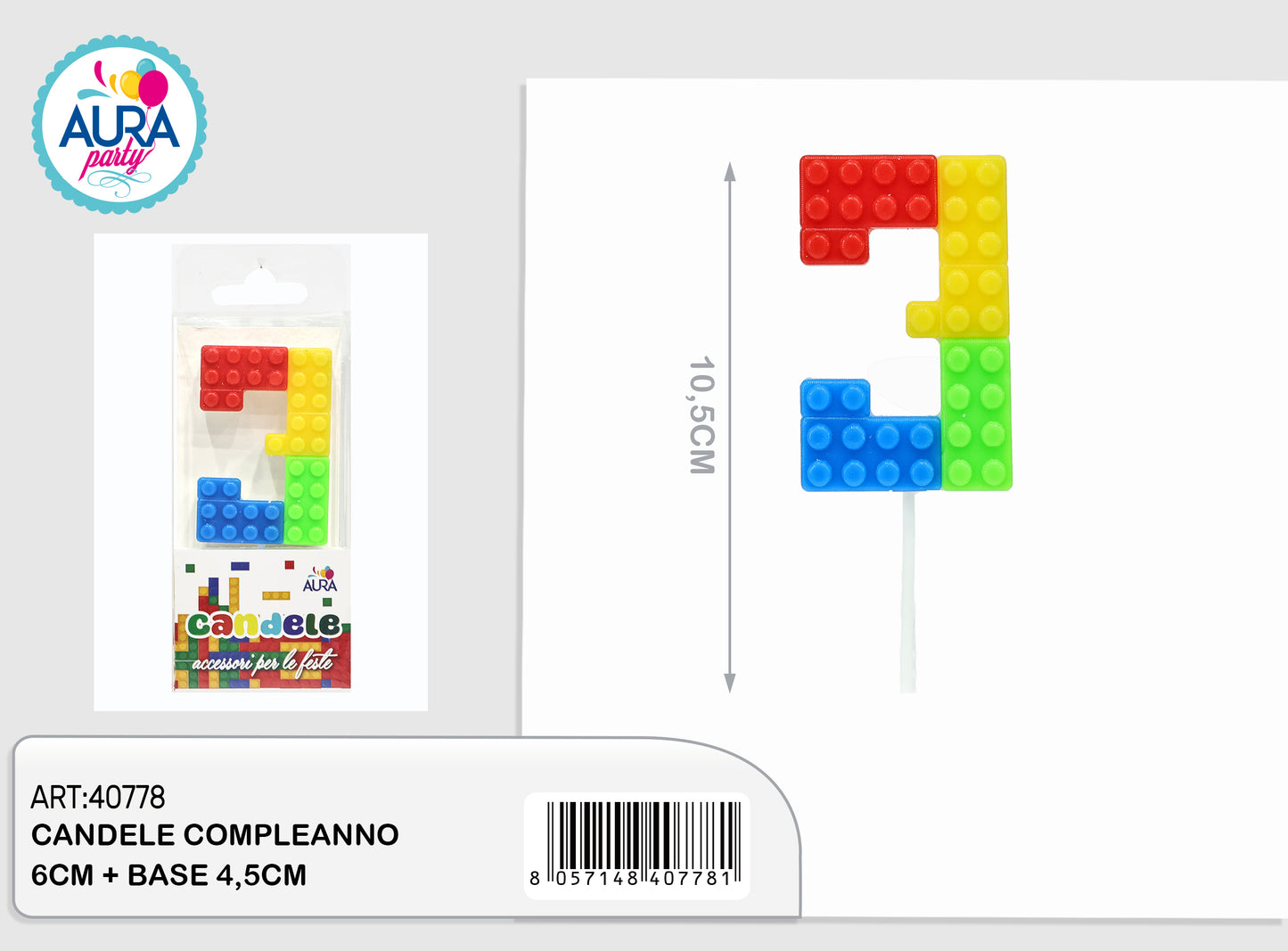 candele compleanno 3 multicolore 12,5cm