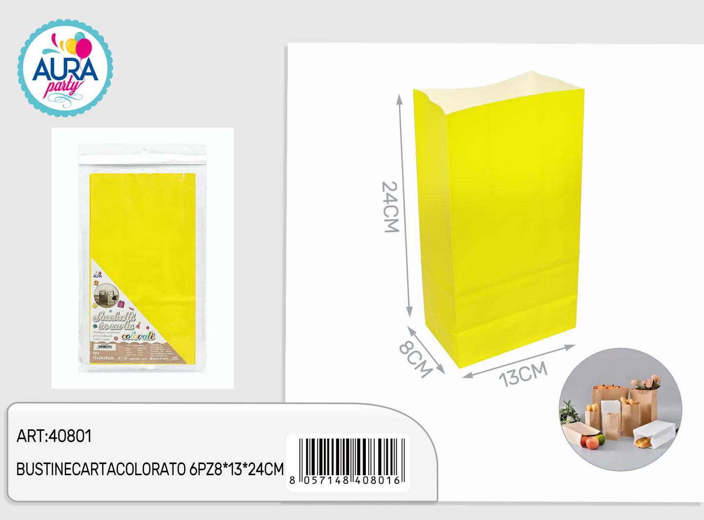 Sacchetti di carta colorati 6pz 8x13x24cm giallo