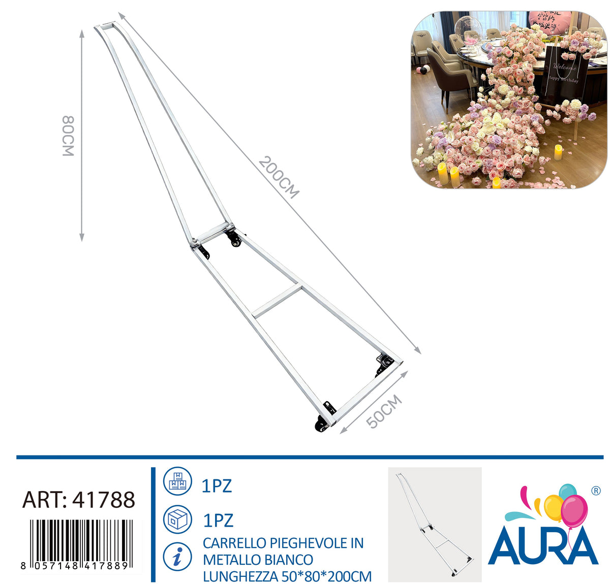 Carrello pieghevole in metallo bianco lunghezza 50x80x200cm