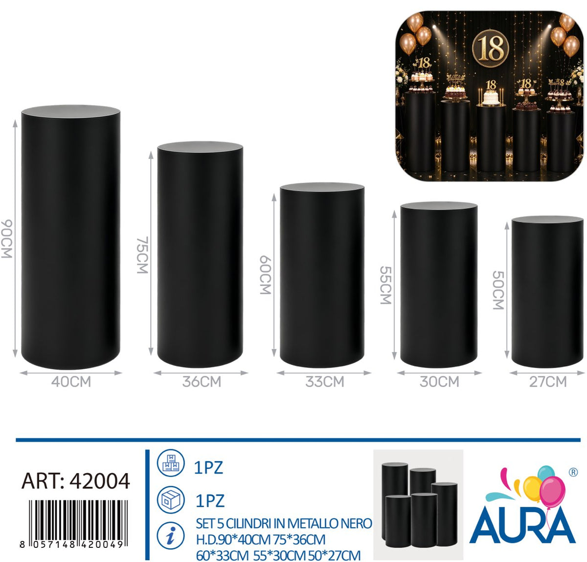 Set 5 cilindri espositori in metallo nero – Aura, 5 pz