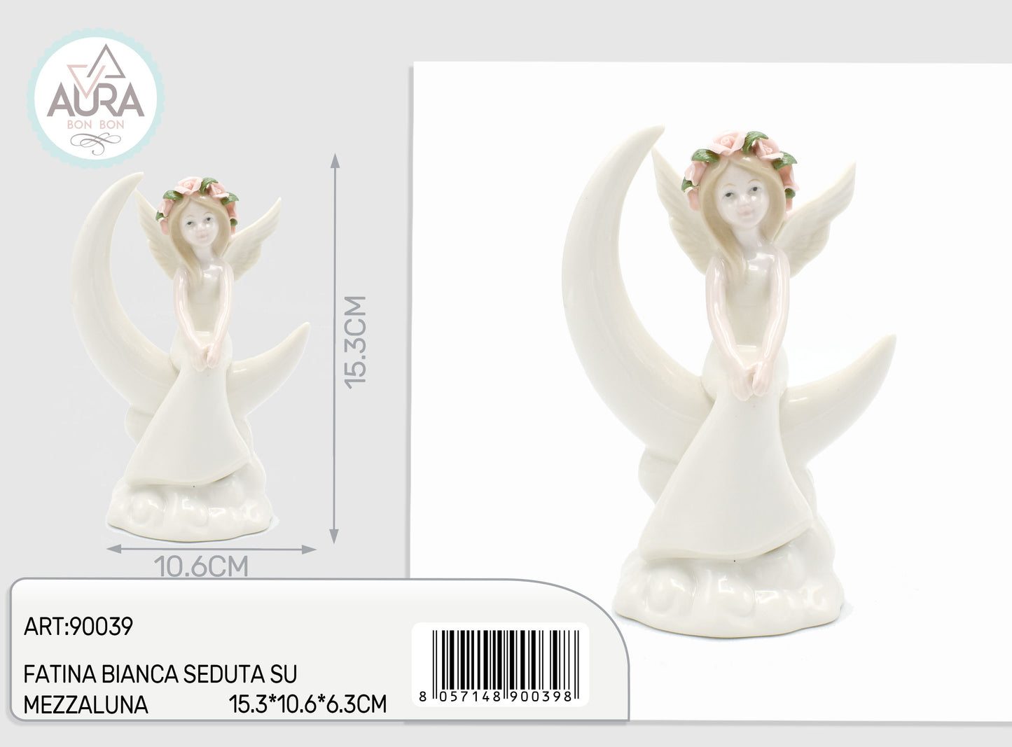 Fatina bianca seduta su mezzaluna 15,3x10,6x6,3cm