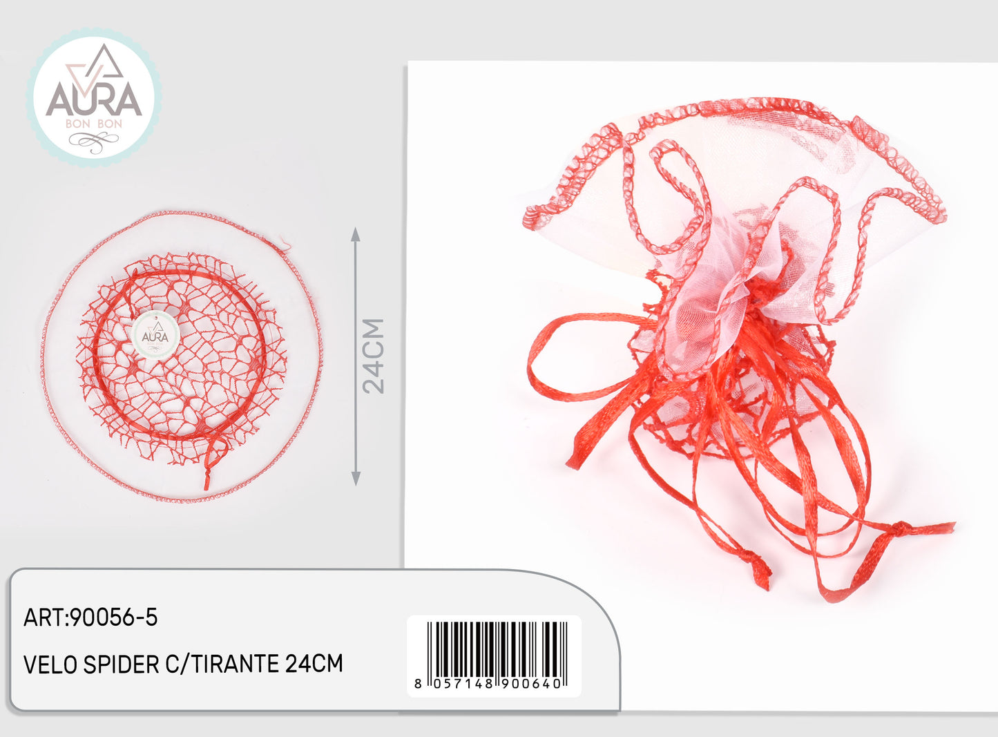 Portaconfetti in velo spider con tirante bianco e rosso 24cm