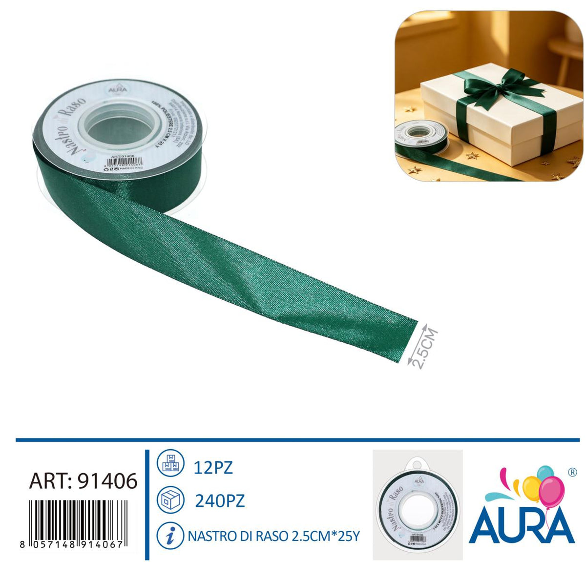 Nastro di raso 2,5cm x 25y verde foresta