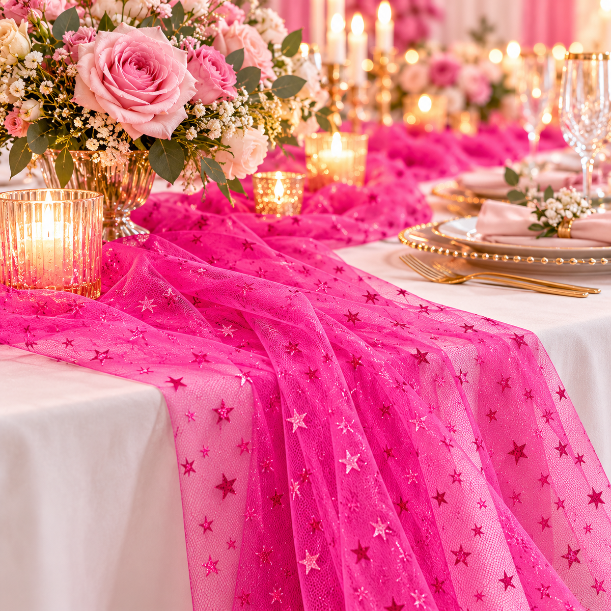 Tulle rosa fucsia a stelline Aura usato per decorare una tavola di festa con fiori e candele