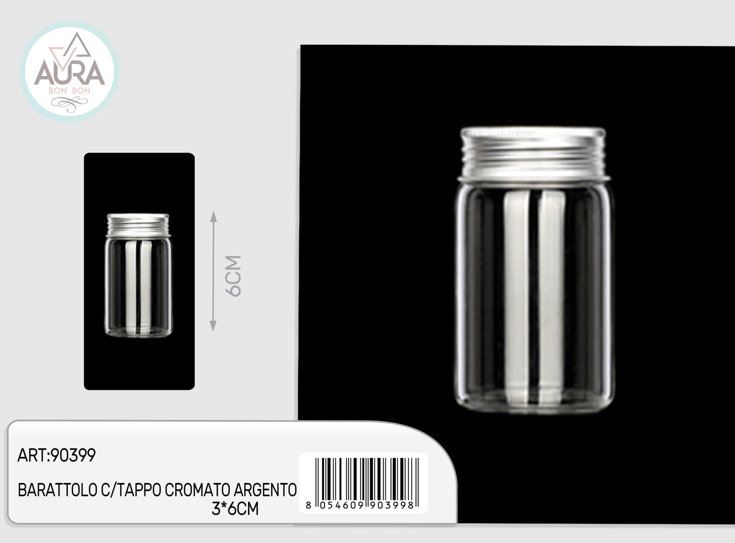 barattolo in vetro con tappo cromato argento 3x6cm