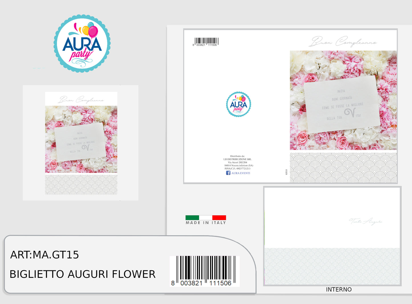 Biglietto buon compleanno con rose e stampa in argento