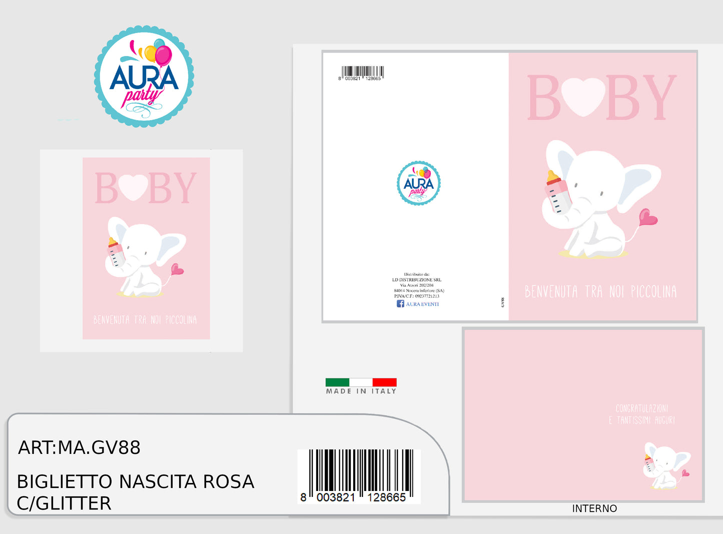 biglietto nascita bimba con elefantino e glitter