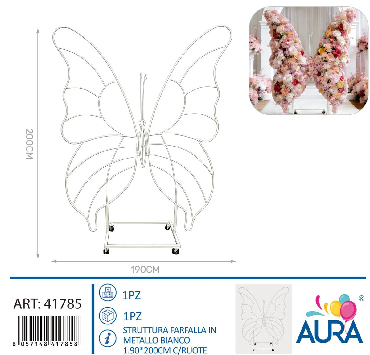 Struttura farfalla in metallo bianco 1,90x200cm con ruote