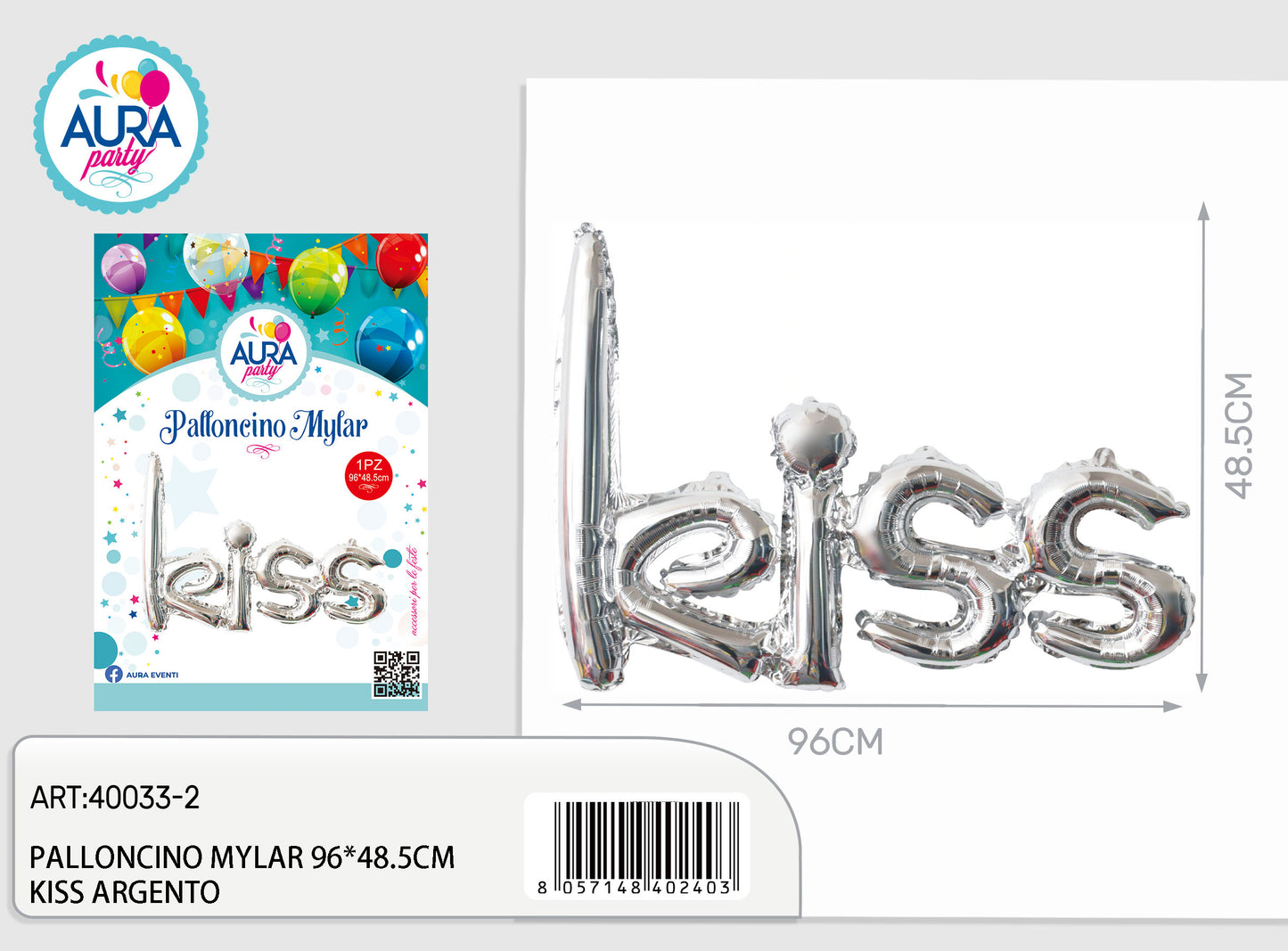 palloncini mylar kiss 96x48,5cm argento