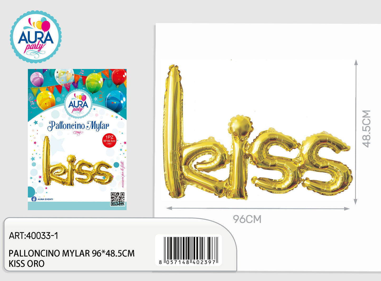 palloncini mylar kiss 96x48,5cm oro