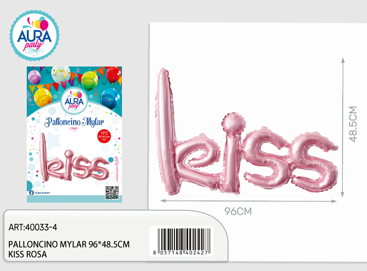 palloncini mylar kiss 96x48,5cm rosa
