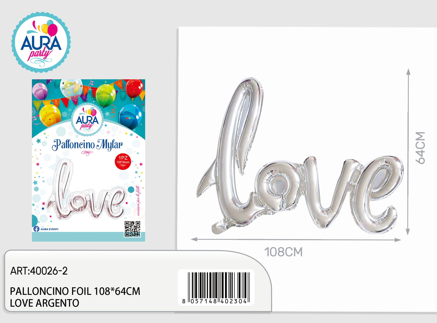 palloncini mylar love 108x64cm argento