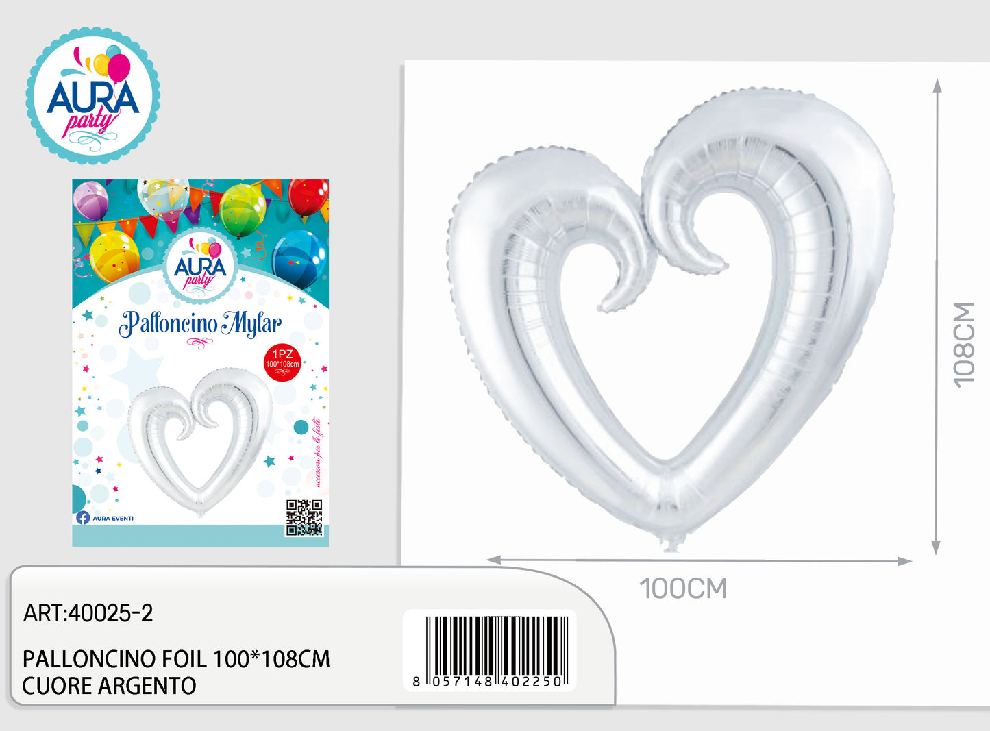 palloncino foil 100x108cm cuore argento