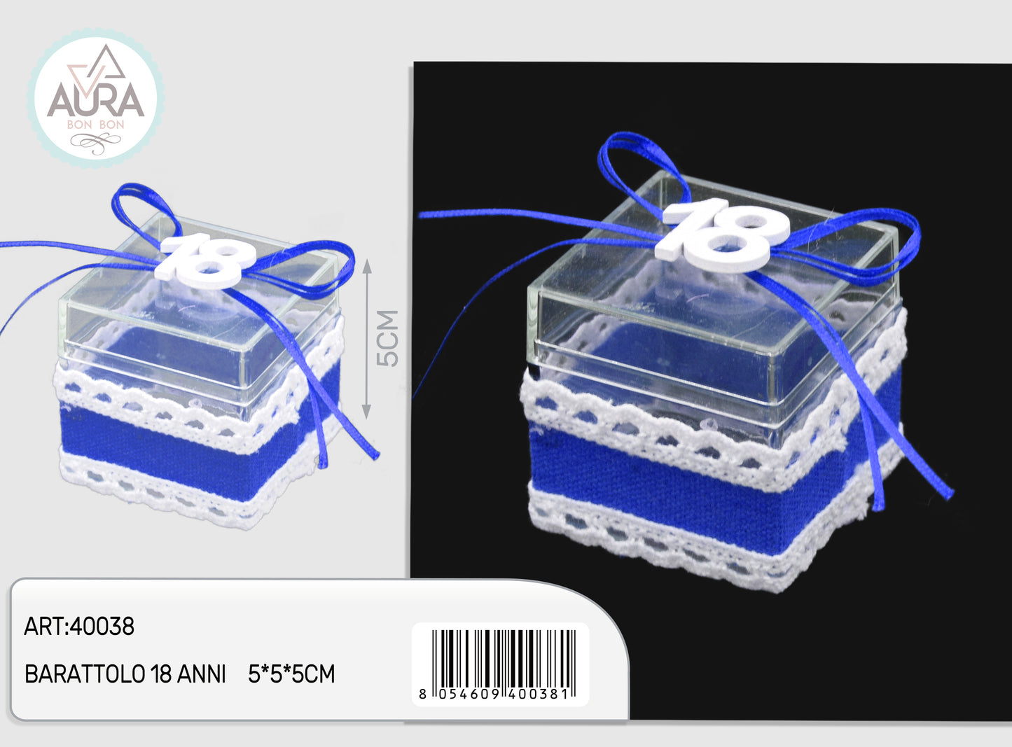 scatola quadata 18 anni blu con tag in legno
