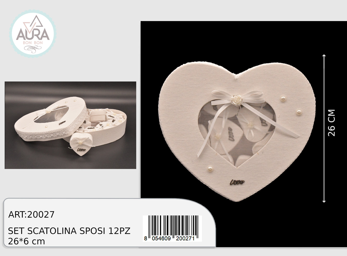 Set scatoline cuore con tag "love" 12pz 26x6cm