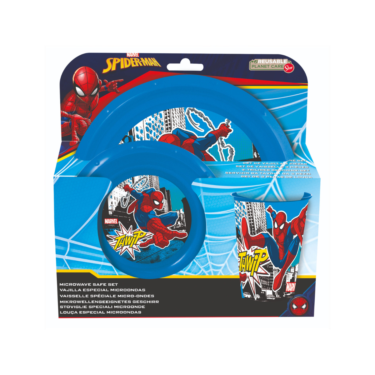 Spiderman set 3 pz.piatti fondo + piano + Bicchiere