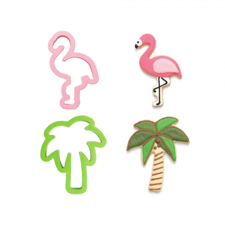 Set of 2 plastic flamingo and palm tree cookie cutters