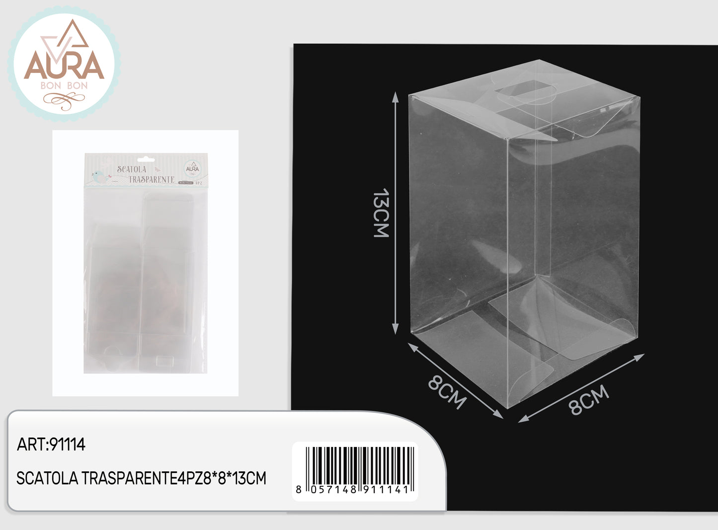set 4 box trasparente 8x8x13cm