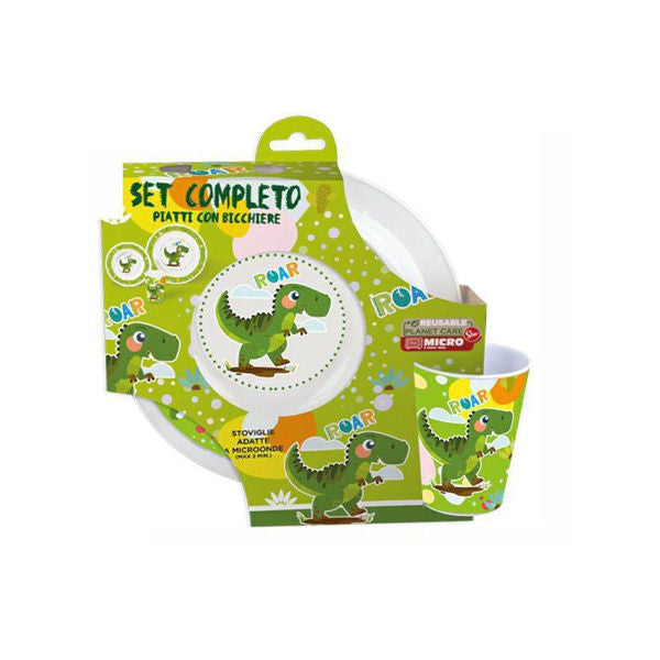 Set pappa dinosauri piatto piano, piatto fondo e bicchiere per microonde – Aura, 3 pz