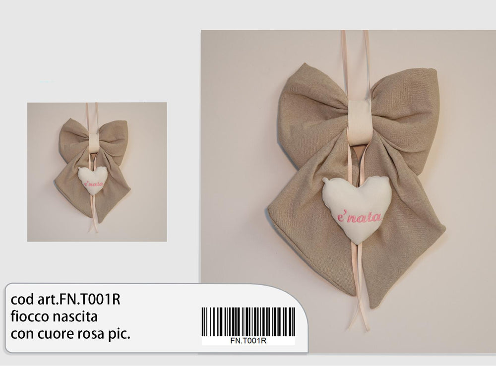 Fiocco nascita tortora con cuore “è nata” rosa piccolo – Aura, 1 pz