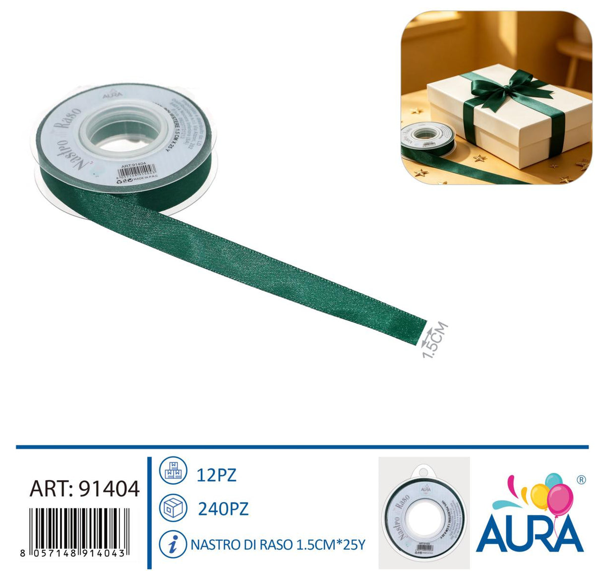 Nastro di raso 1,5cm x 25y verde foresta