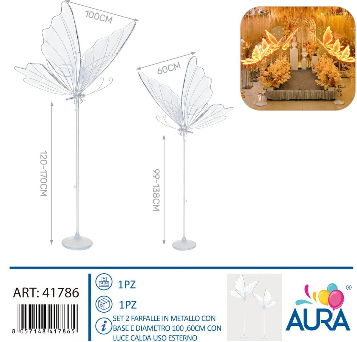 set 2 farfalle in metallo con base e diametro 100 ,60cm con luce calda uso esterno