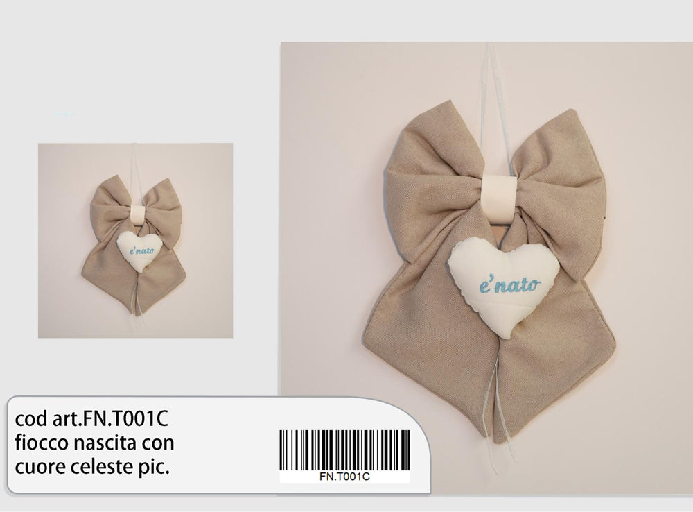 Fiocco nascita tortora con cuore “è nato” celeste piccolo – Aura, 1 pz