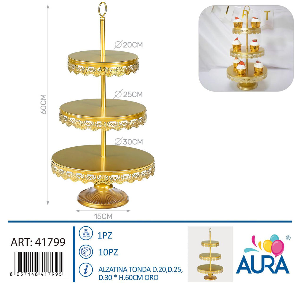 Alzatina tonda a 3 piani altezza 60cm oro