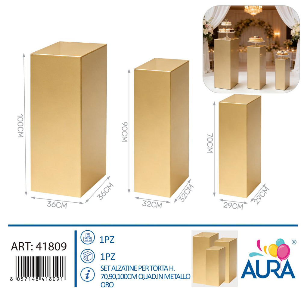 Set 3 alzatine quadrate in metallo oro