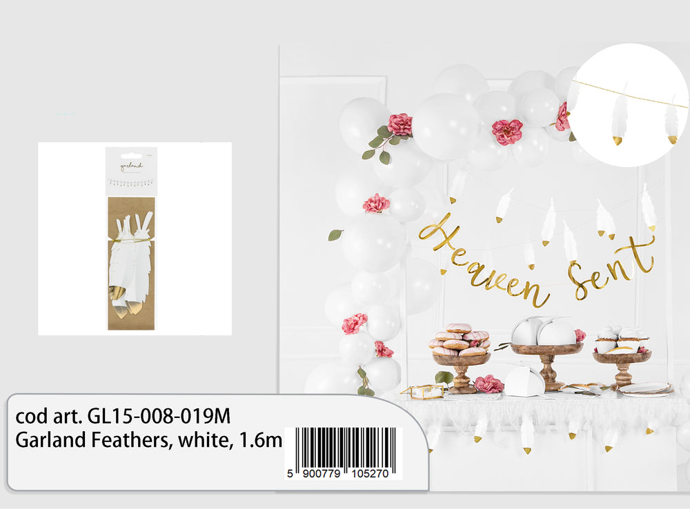 Festone in carta con piume bianco e oro 1,6 m – PartyDeco, 1 pz