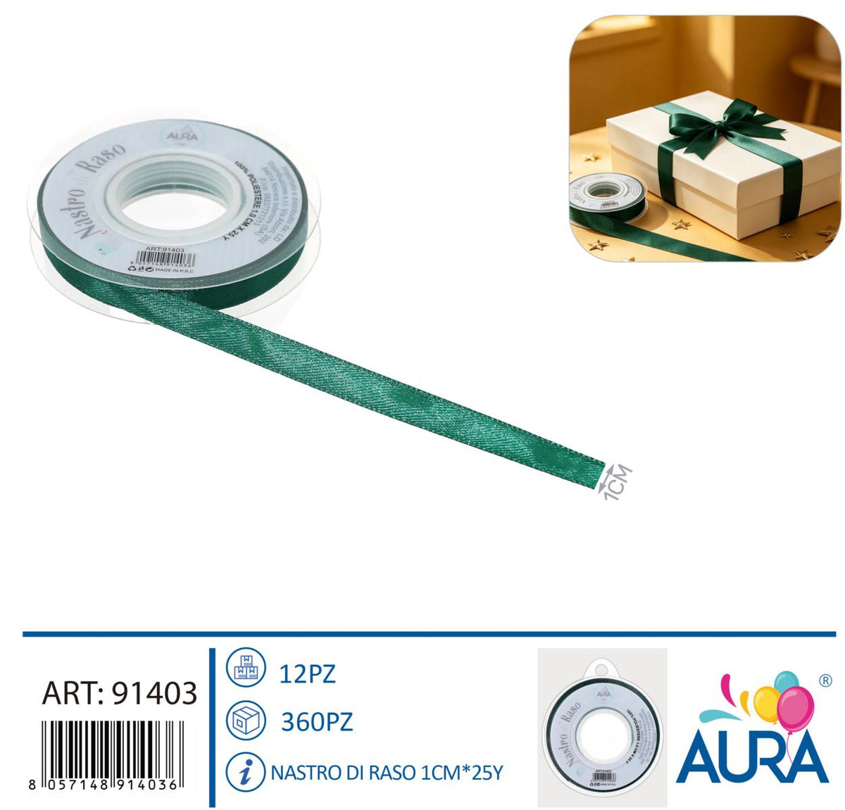 Nastro di raso 1cm x 25y verde foresta
