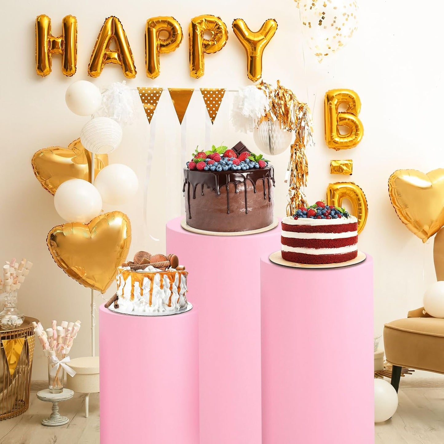 Set of 5 pink metal cylinders