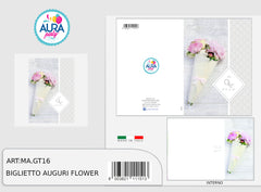 Biglietto buon compleanno con fiori e stampa in argento