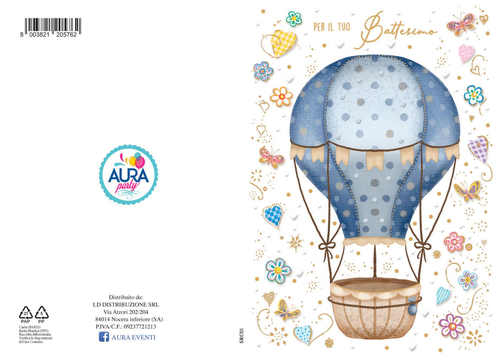 Baptism greeting card with a hot air balloon for a baby