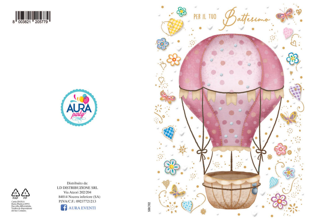 Baptism greeting card with a hot air balloon for a baby girl