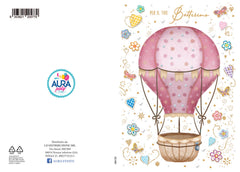 Baptism greeting card with a hot air balloon for a baby girl