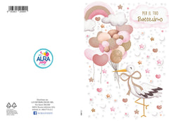 Christening greeting card with stork baby girl