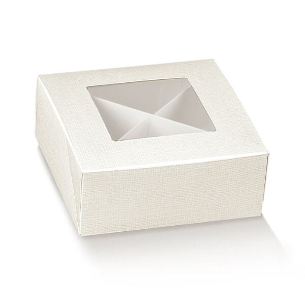 Scatolina Fondo/Coperchio 10x10x4cm Seta Bianca con Finestra