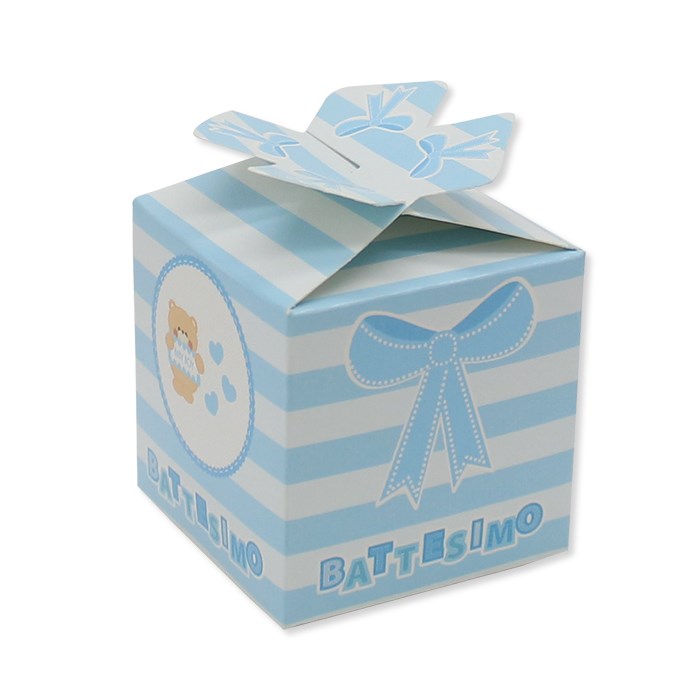 Teddy Bear Baptism Bow Cube Boxes, Light Blue, 25 pcs