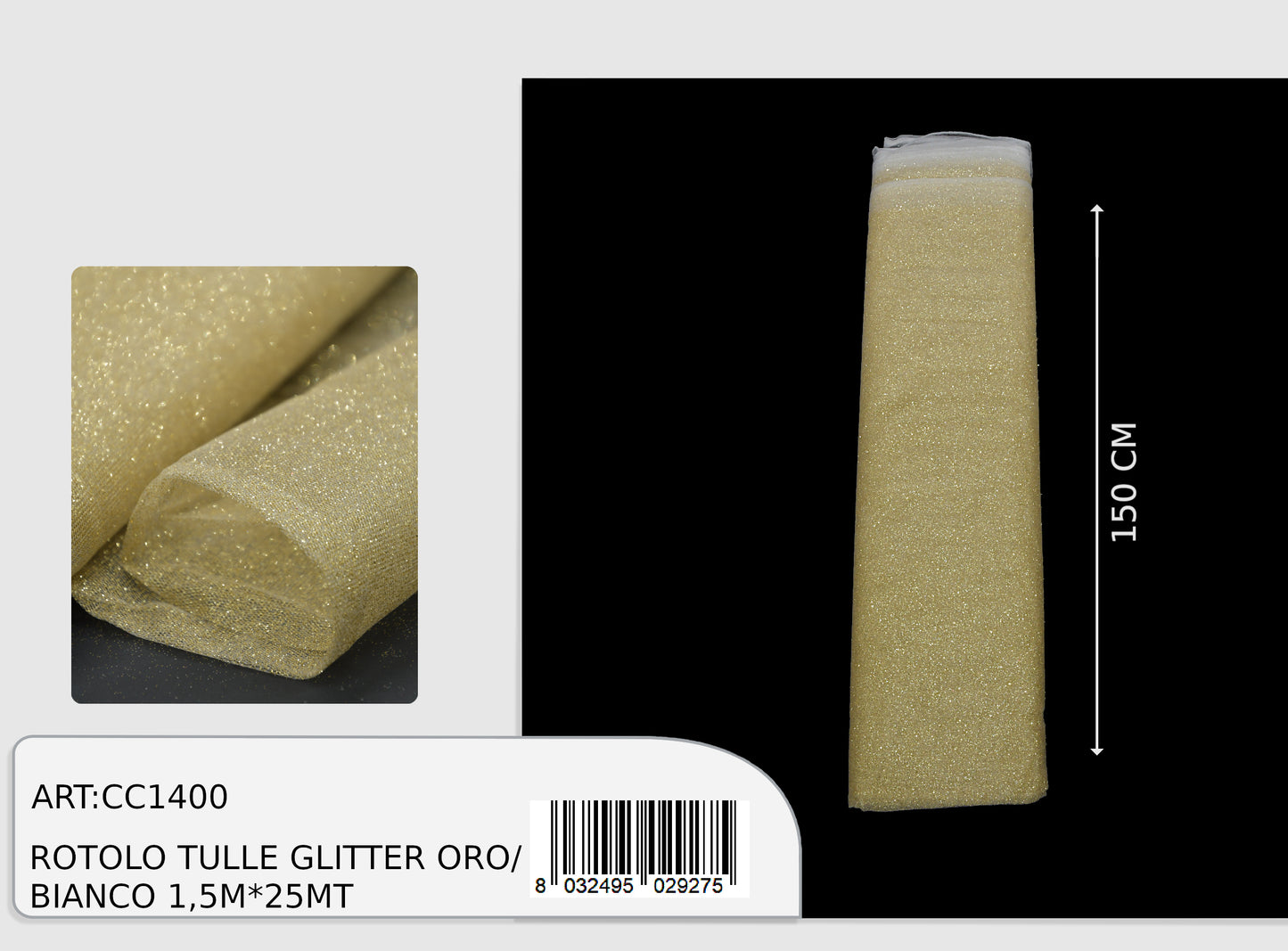 Rotolo tulle glitter oro e bianco 1,5x25m  (prezzo al metro)