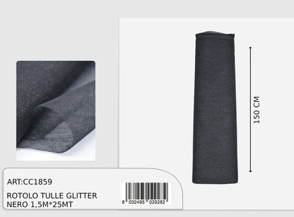 Rotolo tulle glitter nero 1,5x25m  (prezzo al metro)