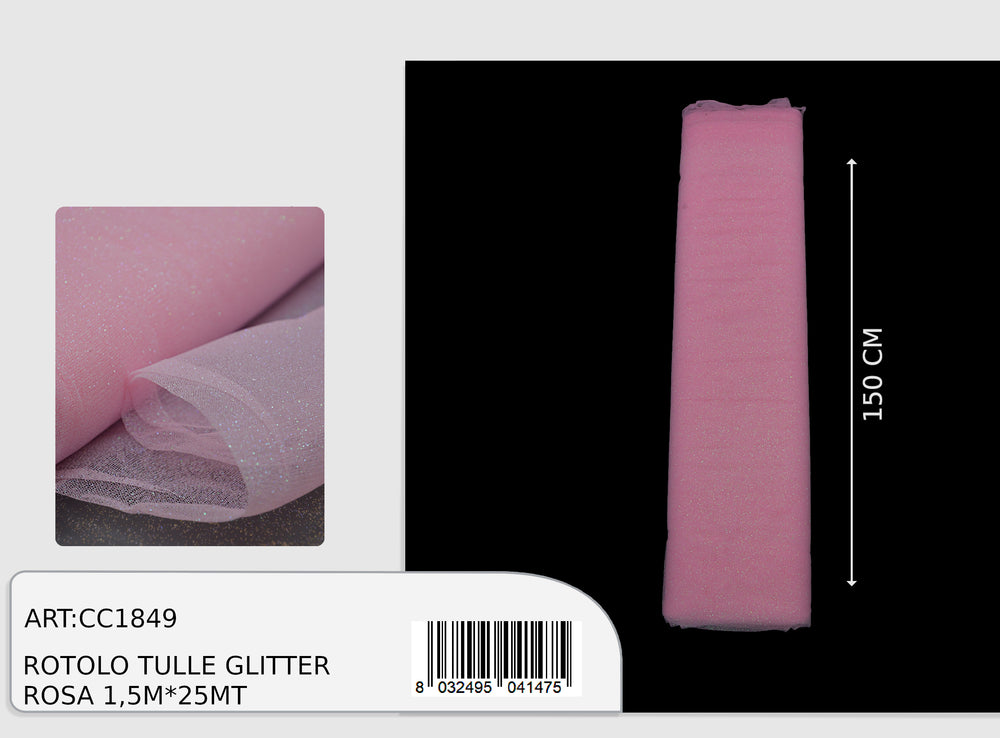 Rotolo tulle glitter rosa 1,5x25m  (prezzo al metro)