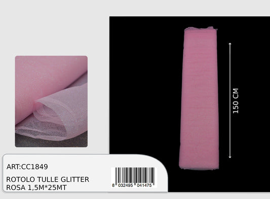 Rotolo tulle glitter rosa 1,5x25m  (prezzo al metro)