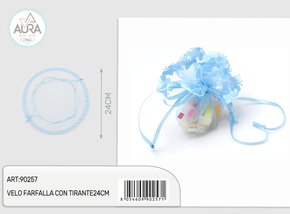 Butterfly veil with 24cm light blue drawstring