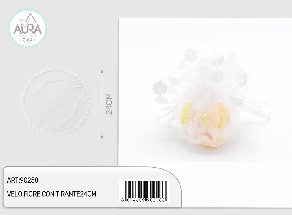 Velo portaconfetti fiore con tirante bianco 24 cm – Aura Party, 1 pz